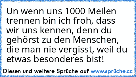 Un wenn uns 1000 Meilen trennen bin ich froh, dass wir uns kennen, denn du gehörst zu den Menschen, die man nie vergisst, weil du etwas besonderes bist! ♥