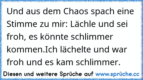 Und aus dem Chaos spach eine Stimme zu mir: Lächle und sei froh, es könnte schlimmer kommen.
Ich lächelte und war froh und es kam schlimmer.