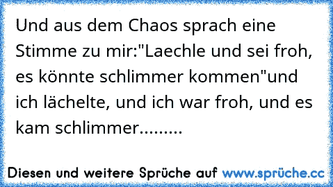 Und aus dem Chaos sprach eine Stimme zu mir:
"Laechle und sei froh, es könnte schlimmer kommen"
und ich lächelte, und ich war froh, und es kam schlimmer.........