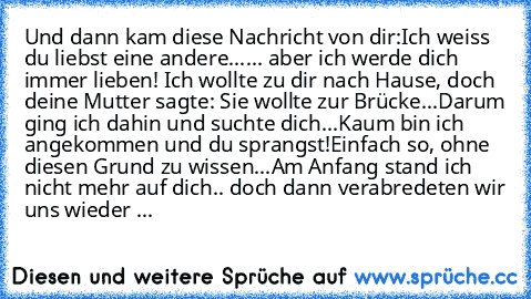 Und dann kam diese Nachricht von dir:
Ich weiss du liebst eine andere...
... aber ich werde dich immer lieben! ♥
Ich wollte zu dir nach Hause, doch deine Mutter sagte: Sie wollte zur Brücke...
Darum ging ich dahin und suchte dich...
Kaum bin ich angekommen und du sprangst!
Einfach so, ohne diesen Grund zu wissen...
Am Anfang stand ich nicht mehr auf dich.. doch dann verabredeten wir uns wieder wie...