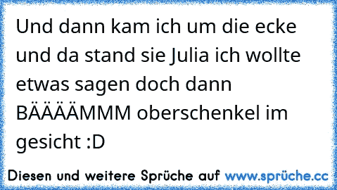 Und dann kam ich um die ecke und da stand sie Julia ich wollte etwas sagen doch dann BÄÄÄÄMMM oberschenkel im gesicht :D