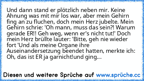 Und dann stand er plötzlich neben mir. Keine Ahnung was mit mir los war, aber mein Gehirn fing an zu fluchen, doch mein Herz jubelte. Mein Gehirn schrie: 'Oh mann, muss das sein?! Warum gerade ER!! Geh weg, wenn er's nicht tut!' Doch mein Herz brüllte lauter: 'Bitte, geh nie wieder fort ♥'
Und als meine Organe ihre Auseinandersetzung beendet hatten, merkte ich: Oh, das ist ER ja garnicht!
und g...