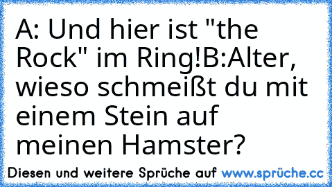 A: Und hier ist "the Rock" im Ring!
B:Alter, wieso schmeißt du mit einem Stein auf meinen Hamster?