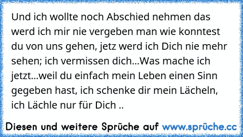 Und ich wollte noch Abschied nehmen das werd ich mir nie vergeben man wie konntest du von uns gehen, jetz werd ich Dich nie mehr sehen; ich vermissen dich...Was mache ich jetzt...weil du einfach mein Leben einen Sinn gegeben hast, ich schenke dir mein Lächeln, ich Lächle nur für Dich ..