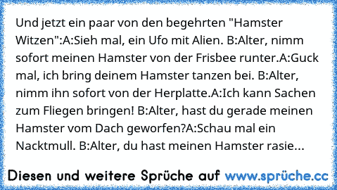 Und jetzt ein paar von den begehrten "Hamster Witzen":
A:Sieh mal, ein Ufo mit Alien. B:Alter, nimm sofort meinen Hamster von der Frisbee runter.
A:Guck mal, ich bring deinem Hamster tanzen bei. B:Alter, nimm ihn sofort von der Herplatte.
A:Ich kann Sachen zum Fliegen bringen! B:Alter, hast du gerade meinen Hamster vom Dach geworfen?
A:Schau mal ein Nacktmull. B:Alter, du hast meinen Hamster ra...