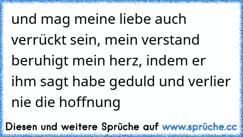 und mag meine liebe auch verrückt sein, mein verstand beruhigt mein herz, indem er ihm sagt habe geduld und verlier nie die hoffnung