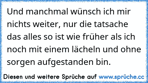 Und manchmal wünsch ich mir nichts weiter, nur die tatsache das alles so ist wie früher als ich noch mit einem lächeln und ohne sorgen aufgestanden bin.