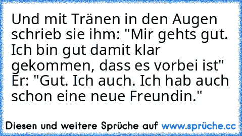 Und mit Tränen in den Augen schrieb sie ihm: "Mir gehts gut. Ich bin gut damit klar gekommen, dass es vorbei ist" Er: "Gut. Ich auch. Ich hab auch schon eine neue Freundin."