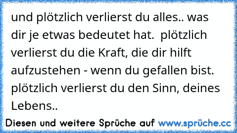 und plötzlich verlierst du alles.. was dir je etwas bedeutet hat.  plötzlich verlierst du die Kraft, die dir hilft aufzustehen - wenn du gefallen bist. plötzlich verlierst du den Sinn, deines Lebens..