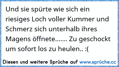 Und sie spürte wie sich ein riesiges Loch voller Kummer und Schmerz sich unterhalb ihres Magens öffnete....... Zu geschockt um sofort los zu heulen.. :(