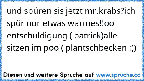 und spüren sis jetzt mr.krabs?
ich spür nur etwas warmes!!
oo entschuldigung ( patrick)
alle sitzen im pool( plantschbecken :))