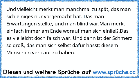 Und vielleicht merkt man manchmal zu spät, das man sich einiges nur vorgemacht hat. Das man Erwartungen stellte, und man blind war.
Man merkt einfach immer am Ende worauf man sich einließ.Das es vielleicht doch falsch war. Und dann ist der Schmerz so groß, das man sich selbst dafür hasst; diesem Menschen vertraut zu haben.