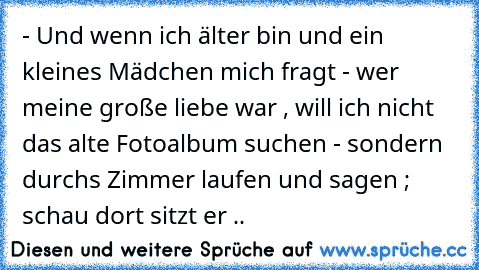 - Und wenn ich älter bin und ein kleines Mädchen mich fragt - wer meine große liebe war , will ich nicht das alte Fotoalbum suchen - sondern durchs Zimmer laufen und sagen ; schau dort sitzt er ..