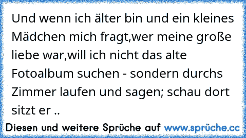 Und wenn ich älter bin und ein kleines Mädchen mich fragt,wer meine große liebe war,will ich nicht das alte Fotoalbum suchen - sondern durchs Zimmer laufen und sagen; schau dort sitzt er ..♥