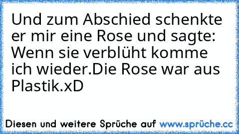 Und zum Abschied schenkte er mir eine Rose und sagte: Wenn sie verblüht komme ich wieder.
Die Rose war aus Plastik.xD