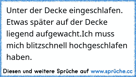 Unter der Decke eingeschlafen. Etwas später auf der Decke liegend aufgewacht.
Ich muss mich blitzschnell hochgeschlafen haben.