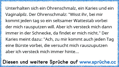 Unterhalten sich ein Ohrenschmalz, ein Karies und ein Vaginalpilz. Der Ohrenschmalz: "Wisst ihr, bei mir kommt jeden tag so ein seltsamer Wattestab vorbei der mich rausputzen will. Aber ich versteck mich dann immer in der Schnecke, da findet er mich nicht." Der Karies meint dazu: "Ach, zu mir kommt auch jeden Tag eine Bürste vorbei, die versucht mich rauszuputzen aber ich versteck mich immer hi...