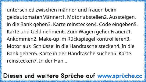 unterschied zwischen männer und frauen beim geldautomaten
Männer:
1. Motor abstellen
2. Aussteigen, in die Bank gehen
3. Karte reinstecken
4. Code eingeben
5. Karte und Geld nehmen
6. Zum Wagen gehen
Frauen:
1. Ankommen
2. Make-up im Rückspiegel kontrollieren
3. Motor aus – Schlüssel in die Handtasche stecken
4. In die Bank gehen
5. Karte in der Handtasche suchen
6. Karte reinstecken
7. In der Han...