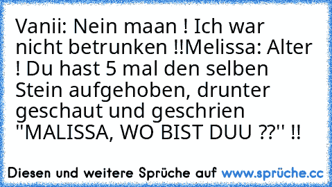 Vanii: Nein maan ! Ich war nicht betrunken !!
Melissa: Alter ! Du hast 5 mal den selben Stein aufgehoben, drunter geschaut und geschrien ''MALISSA, WO BIST DUU ??'' !!