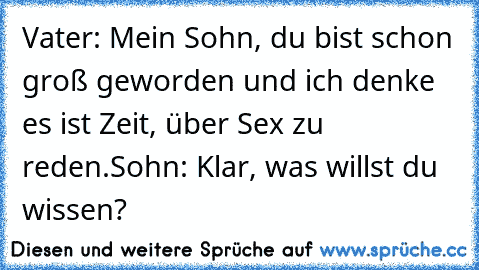 Vater: Mein Sohn, du bist schon groß geworden und ich denke es ist Zeit, über Sex zu reden.
Sohn: Klar, was willst du wissen?