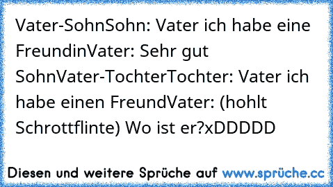 Vater-Sohn
Sohn: Vater ich habe eine Freundin
Vater: Sehr gut Sohn
Vater-Tochter
Tochter: Vater ich habe einen Freund
Vater: (hohlt Schrottflinte) Wo ist er?
xDDDDD