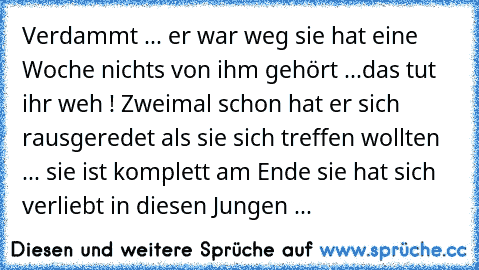 Verdammt ... er war weg sie hat eine Woche nichts von ihm gehört ...das tut ihr weh ! Zweimal schon hat er sich rausgeredet als sie sich treffen wollten ... sie ist komplett am Ende sie hat sich verliebt in diesen Jungen ...