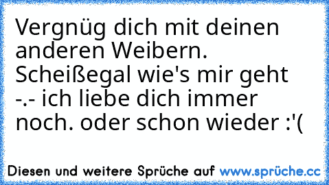 Vergnüg dich mit deinen anderen Weibern. Scheißegal wie's mir geht -.- ich liebe dich immer noch. oder schon wieder :'( ♥