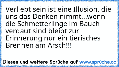 Verliebt sein ist eine Illusion, die uns das Denken nimmt...wenn die Schmetterlinge im Bauch  verdaut sind bleibt zur Erinnerung nur ein tierisches Brennen am Arsch!!!