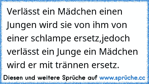 Verlässt ein Mädchen einen Jungen wird sie von ihm von einer schlampe ersetz,jedoch verlässt ein Junge ein Mädchen wird er mit trännen ersetz.