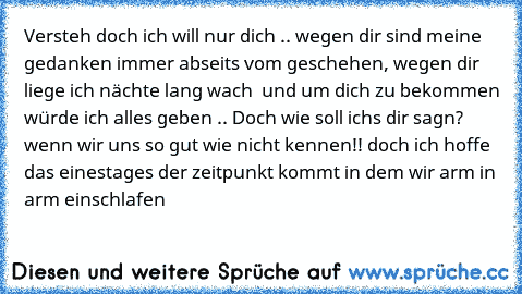 Versteh doch ich will nur dich .. wegen dir sind meine gedanken immer abseits vom geschehen, wegen dir liege ich nächte lang wach  und um dich zu bekommen würde ich alles geben .. Doch wie soll ichs dir sagn? wenn wir uns so gut wie nicht kennen!! doch ich hoffe das einestages der zeitpunkt kommt in dem wir arm in arm einschlafen ♥