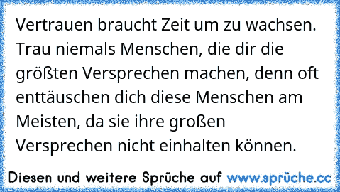 Vertrauen braucht Zeit um zu wachsen. Trau niemals Menschen, die dir die größten Versprechen machen, denn oft enttäuschen dich diese Menschen am Meisten, da sie ihre großen Versprechen nicht einhalten können.