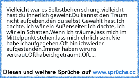 Vielleicht war es Selbstbeherrschung,
vielleicht hast du innerlich geweint.
Du kannst den Traum nicht aufgeben,
den du selbst Gewählt hast.
Ich dachte, ich wär ein Außenseiter.
Ich dachte, ich wär ein Schatten.
Wenn ich träume,
lass mich im Mittelpunkt stehen,
lass mich ehrlich sein.
Nie habe ich
aufgegeben.
Oft bin ich
wieder aufgestanden.
Immer haben wir
uns vertraut.
Oft
habe
ich
geträumt.
O...