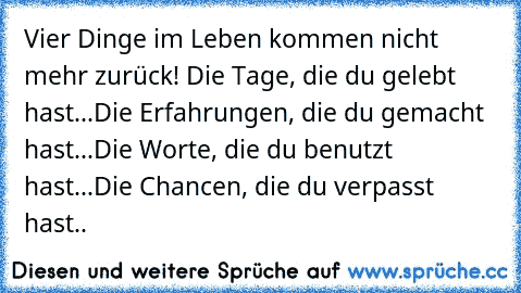 Vier Dinge im Leben kommen nicht mehr zurück! Die Tage, die du gelebt hast...Die Erfahrungen, die du gemacht hast...Die Worte, die du benutzt hast...Die Chancen, die du verpasst hast..