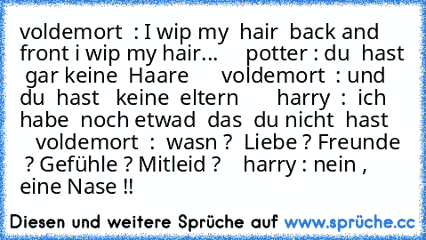 voldemort  : I wip my  hair  back and front i wip my hair...     potter : du  hast  gar keine  Haare      voldemort  : und  du  hast   keine  eltern       harry  :  ich  habe  noch etwad  das  du nicht  hast       voldemort  :  wasn ?  Liebe ? Freunde  ? Gefühle ? Mitleid ?    harry : nein ,   eine Nase !!