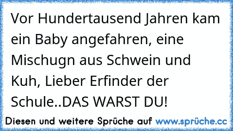 Vor Hundertausend Jahren kam ein Baby angefahren, eine Mischugn aus Schwein und Kuh, Lieber Erfinder der Schule..DAS WARST DU!