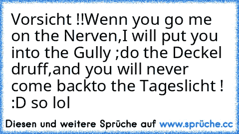 Vorsicht !!
Wenn you go me on the Nerven,
I will put you into the Gully ;
do the Deckel druff,
and you will never come back
to the Tageslicht ! :D so lol