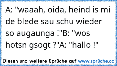 A: "waaah, oida, heind is mi de blede sau schu wieder so augaunga !"
B: "wos hotsn gsogt ?"
A: "hallo !"