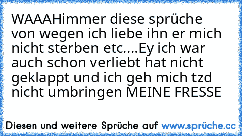 WAAAH
immer diese sprüche von wegen ich liebe ihn er mich nicht sterben etc....Ey ich war auch schon verliebt hat nicht geklappt und ich geh mich tzd nicht umbringen MEINE FRESSE