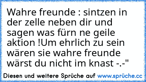 Wahre freunde : sintzen in der zelle neben dir und sagen was fürn ne geile aktion !
Um ehrlich zu sein wären sie wahre freunde wärst du nicht im knast -.-"