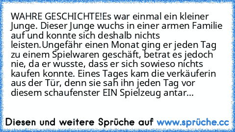 WAHRE GESCHICHTE!
Es war einmal ein kleiner Junge. Dieser Junge wuchs in einer armen Familie auf und konnte sich deshalb nichts leisten.
Ungefähr einen Monat ging er jeden Tag zu einem Spielwaren geschäft, betrat es jedoch nie, da er wusste, dass er sich sowieso nichts kaufen konnte. Eines Tages kam die verkäuferin aus der Tür, denn sie sah ihn jeden Tag vor diesem schaufenster EIN Spielzeug antar...