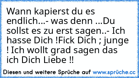 Wann kapierst du es endlich...
- was denn ...
Du sollst es zu erst sagen..
- Ich hasse Dich !
Fick Dich ; junge ! Ich wollt grad sagen das ich Dich Liebe !! ♥♥♥