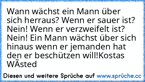 Wann wächst ein Mann über sich herraus? Wenn er sauer ist? Nein! Wenn er verzweifelt ist? Nein! Ein Mann wächst über sich hinaus wenn er jemanden hat den er beschützen will!
Kostas Wásted