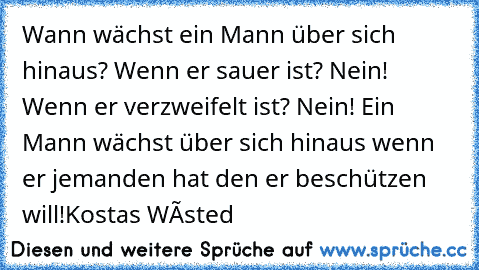 Wann wächst ein Mann über sich hinaus? Wenn er sauer ist? Nein! Wenn er verzweifelt ist? Nein! Ein Mann wächst über sich hinaus wenn er jemanden hat den er beschützen will!
Kostas Wásted