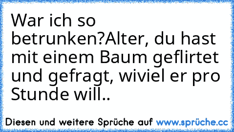 War ich so betrunken?
Alter, du hast mit einem Baum geflirtet und gefragt, wiviel er pro Stunde will..