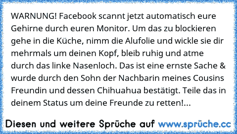 WARNUNG! Facebook scannt jetzt automatisch eure Gehirne durch euren Monitor. Um das zu blockieren gehe in die Küche, nimm die Alufolie und wickle sie dir mehrmals um deinen Kopf, bleib ruhig und atme durch das linke Nasenloch. Das ist eine ernste Sache & wurde durch den Sohn der Nachbarin meines Cousins Freundin und dessen Chihuahua bestätigt. Teile das in deinem Status um deine Freunde zu rett...