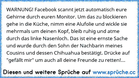 WARNUNG! Facebook scannt jetzt automatisch eure Gehirne durch euren Monitor. Um das zu blockieren gehe in die Küche, nimm eine Alufolie und wickle sie mehrmals um deinen Kopf, bleib ruhig und atme durch das linke Nasenloch. Das ist eine ernste Sache und wurde durch den Sohn der Nachbarin meines Cousins und dessen Chihuahua bestätigt. Drücke auf "gefällt mir" um auch all deine Freunde zu retten!...