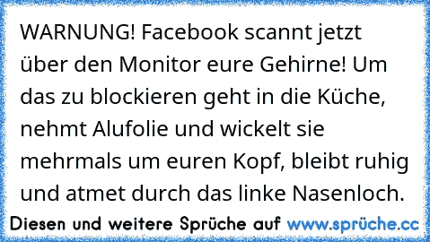 WARNUNG! Facebook scannt jetzt über den Monitor eure Gehirne! Um das zu blockieren geht in die Küche, nehmt Alufolie und wickelt sie mehrmals um euren Kopf, bleibt ruhig und atmet durch das linke Nasenloch.