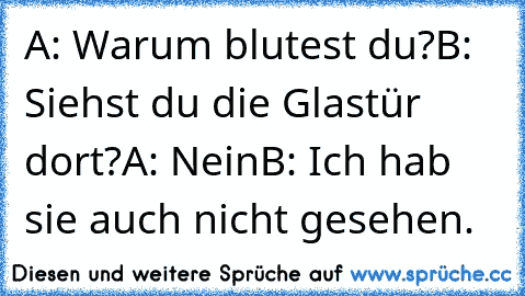 A: Warum blutest du?
B: Siehst du die Glastür dort?
A: Nein
B: Ich hab﻿ sie auch nicht gesehen.