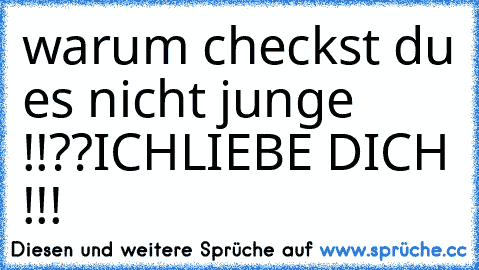 warum checkst du es nicht junge !!??
ICHLIEBE DICH !!!