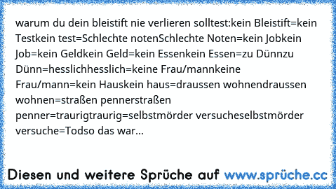 warum du dein bleistift nie verlieren solltest:
kein Bleistift=kein Test
kein test=Schlechte noten
Schlechte Noten=kein Job
kein Job=kein Geld
kein Geld=kein Essen
kein Essen=zu Dünn
zu Dünn=hesslich
hesslich=keine Frau/mann
keine Frau/mann=kein Haus
kein haus=draussen wohnen
draussen wohnen=straßen penner
straßen penner=traurig
traurig=selbstmörder versuche
selbstmörder versuche=Tod
so das war...